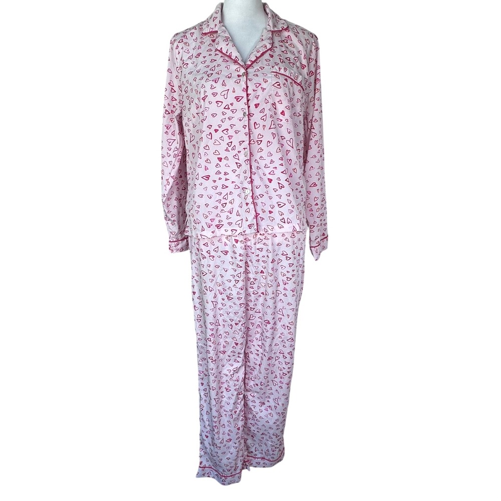 JOIE Women's Medium Pink Heart Print Pajama Set Long Sleeve Button Down Pants